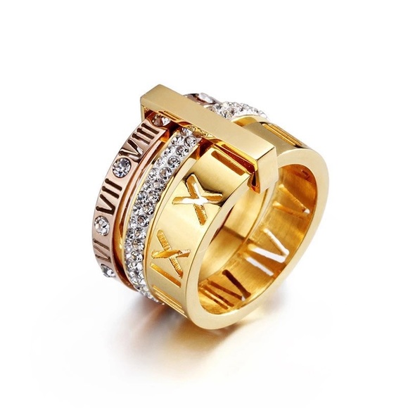 Jewelry - Tripe Roman Numerals Ring with Rhinestones